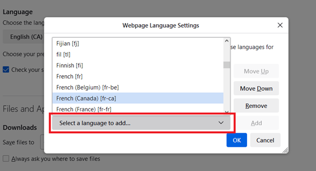 Selected french(canada) and select a language to add